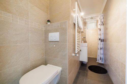 a bathroom with a toilet and a shower at Apartments Marija in Senj
