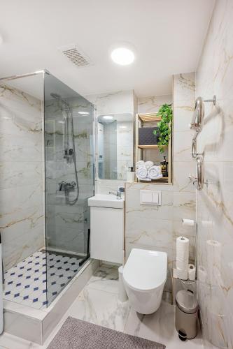 a white bathroom with a shower and a toilet at Cozy airport apartment in Karmelava