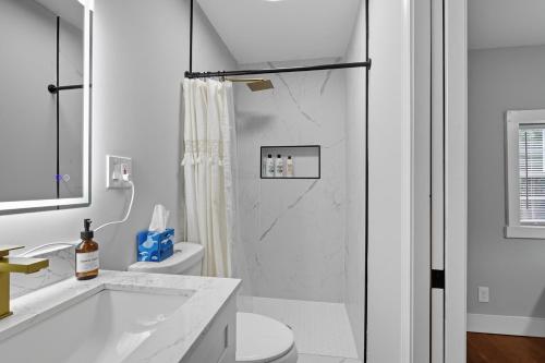 a white bathroom with a shower and a toilet at Little Indale Haus - Near Downtown and Prince Ave in Athens