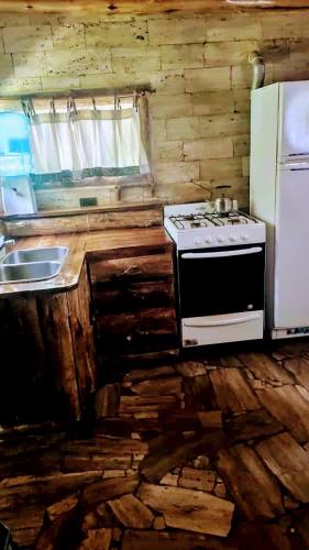 a kitchen with a stove and a refrigerator at Cabañas Walwalün in Tunuyán