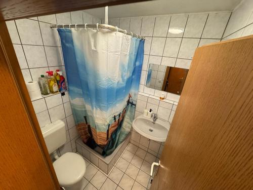 a small bathroom with a toilet and a sink at City Apart am MUSEUM nahe BADEWELT in Sinsheim