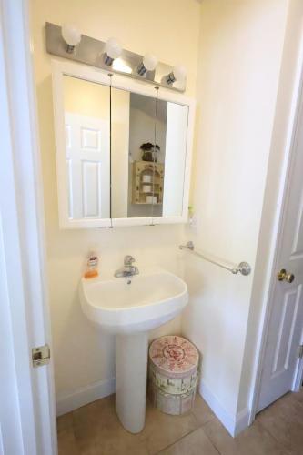 a bathroom with a sink and a mirror at Cozy Cottage Alton Bay in Alton