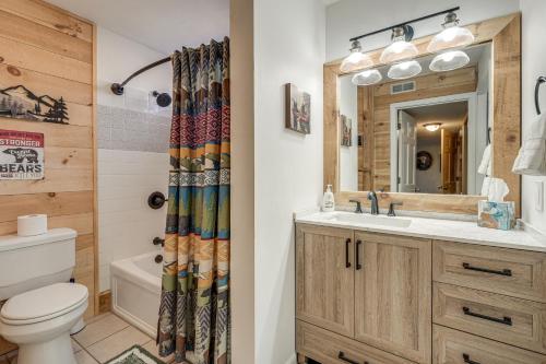 ein Bad mit einem WC, einem Waschbecken und einem Spiegel in der Unterkunft Hot Tub and Views! Squatchs Place in Blairsville in Fain