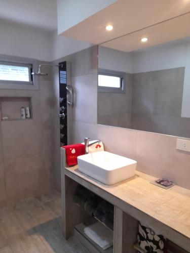 a bathroom with a white sink and a mirror at Casa con encanto serrano in Villa General Belgrano