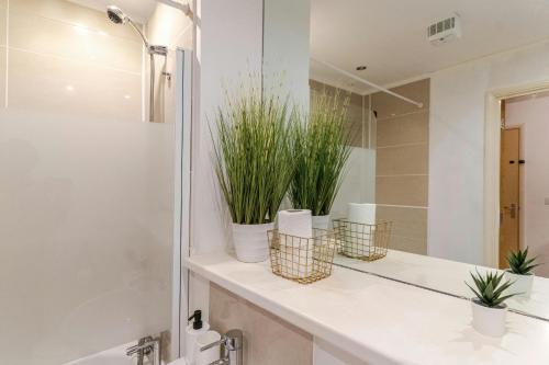 La salle de bains est pourvue d'un lavabo, d'un miroir et de plantes. dans l'établissement Central 2Bed,2Bath, Balcony Apartment Near New Street, Mailbox & Canals at Skyline Apartments, à Birmingham