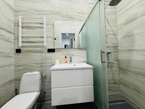 Un baño con inodoro, lavabo y espejo. en Studio Apartment центр міста Чернівці, en Chernivtsi
