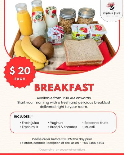 Možnosti snídaně pro hosty v ubytování Chelsea Park Motor Lodge