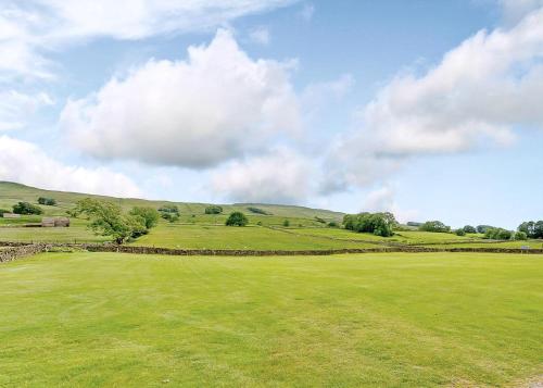 a field of green grass with a blue sky and clouds at Bainbridge Ings in Hawes