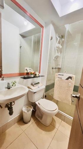 a bathroom with a toilet and a sink and a mirror at Habitación dentro de un Apartamento compartido in Ibagué