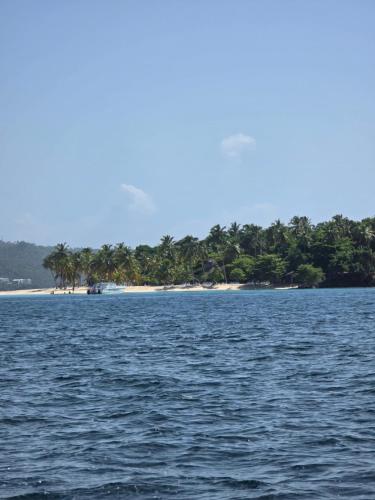 um grande corpo de água com uma praia e árvores em Sol del Mar Caribe em Punta Cana