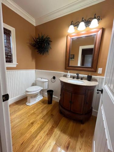 a bathroom with a sink and a toilet and a mirror at Cal56Right in Alton