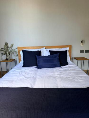 a bedroom with a large bed with blue pillows at Bauer Haus in Laborcillas