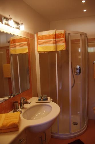 a bathroom with a sink and a shower at Residence Wiesenheim in Trodena