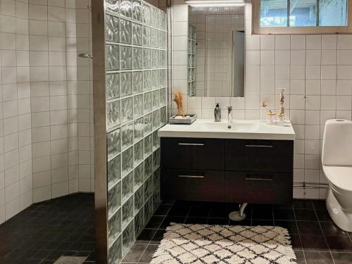 un bagno con lavandino, WC e specchio di House With Forest And Beachside Location In Åhus ad Åhus