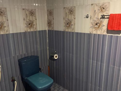 a bathroom with a blue toilet and a red towel at Mango paradise sigiriya in Dambulla