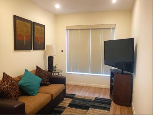 a living room with a couch and a flat screen tv at Urban Chic residence in Central LA in Los Angeles