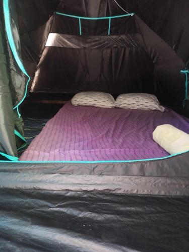 ein Bett in einem Zelt mit zwei Kissen darauf in der Unterkunft Banian Camping in Bora Bora