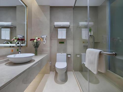 a bathroom with a toilet and a sink and a shower at Vienna Hotel Anhui Lujiang International Building Materials Market Wuzhong in Lujiang