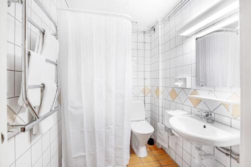 Baño blanco con lavabo y aseo en Ädelfors Hotell & Vandrarhem, en Holsbybrunn