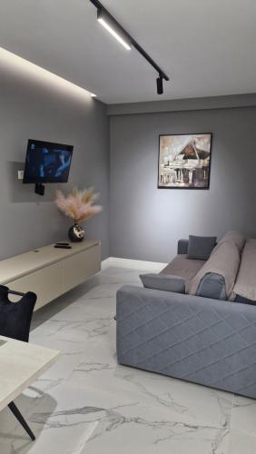 a bedroom with a bed and a flat screen tv at Пункт Пересадки in Chişinău