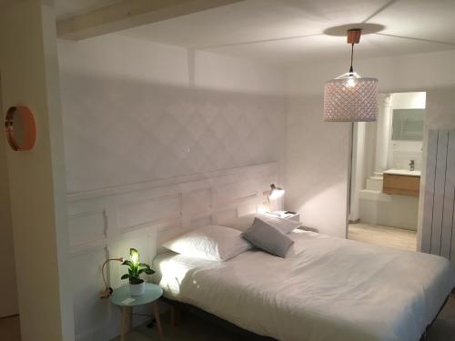 um quarto com uma cama branca e uma luz pendente em Gîte Le Temple - Appart Hôtel em Verdun-sur-Meuse