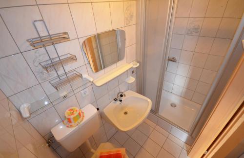 ヴィルゲンにあるBacherhofのバスルーム(洗面台、トイレ、シャワー付)