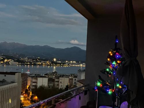 Un albero di Natale seduto sul lato di un edificio di Très bel appartement avec terrasse de 87m2 avec une superbe vue panoramique sur la baie d Ajaccio ad Ajaccio