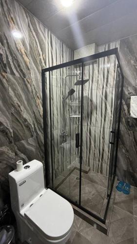 a bathroom with a shower and a toilet in it at Samanid hotel in Salor Bekati