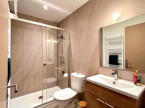 une salle de bains avec douche, toilettes et lavabo dans l'établissement Le Forterre - 2 chambres - Parking - Jardin, à Toucy