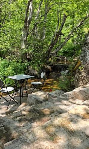a picnic table and chairs next to a stream at Vikendica GORSKI VUK Jelovica in Berane