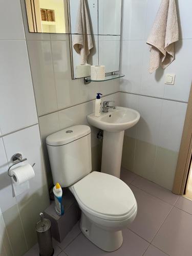 a white bathroom with a toilet and a sink at Beachfront Bliss Polychrono in Polychrono