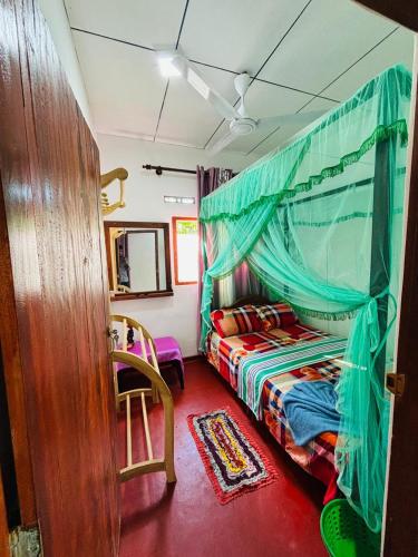 a bedroom with a bed with a canopy and a chair at Uvindu Villa - Cozy By Midigama in Weligama