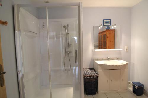 une salle de bain blanche avec une douche et un lavabo dans l'établissement Appartement Le Chalet Vert proche lac randonnées, à La Bresse