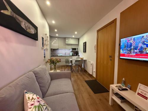 a living room with a couch and a flat screen tv at Povoa do Mar in Póvoa de Varzim