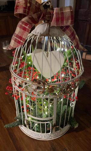 a bird cage with christmas decorations on a table at Il Nido della Buonanotte 2 KIDS friendly in Verona