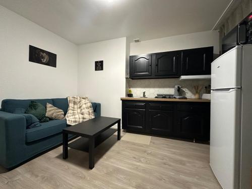 Una sala de estar con un sofá azul y una cocina. en Le Cocon Cathédrale, en Metz