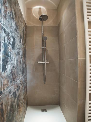 a shower with a shower head in a bathroom at Cascina della Contessa Suite in Roccaforte Mondovì