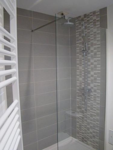 una ducha con puerta de cristal en un baño en Le Rohan, en Colmar