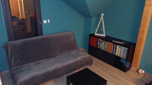 ein Wohnzimmer mit einer Couch und einem Bücherregal in der Unterkunft Le refuge d'Amma in Sessenheim