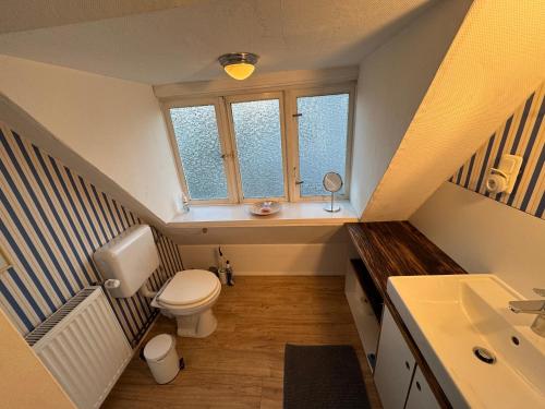 ein kleines Badezimmer mit Toilette und Waschbecken in der Unterkunft Sofort am Strand! in Kiel