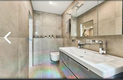 a bathroom with a sink and a toilet and a mirror at Ferienwohnung 1 neu Speyer in Speyer