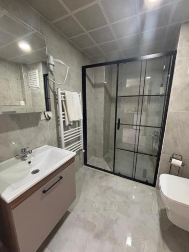 a bathroom with a shower and a sink and a toilet at Bolu Tabaklar suit in Bolu