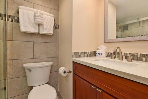 a bathroom with a toilet and a sink and a mirror at Mahana 602 · MA 602 Kaanapali OceanFront Studio Ocean View Pool in Kahana