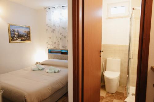 een kleine slaapkamer met een bed en een toilet bij Tra gli ulivi in San Cesareo