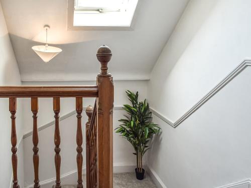 a staircase with a skylight and a ceiling with a plant at Maisie Cottage in Saint Monance