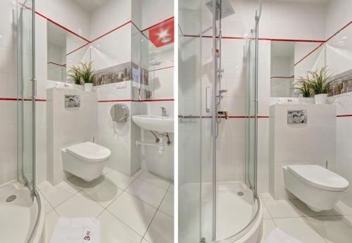 two images of a bathroom with a toilet and a shower at 3 City Hostel in Gdańsk