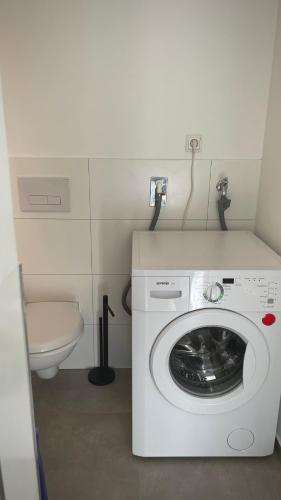 une machine à laver dans une salle de bain avec toilettes dans l'établissement Frisch saniert, Moderne Ferienwohnungen für 1 bis 37 Personen, Warme Weihnachten, à Böbingen an der Rems