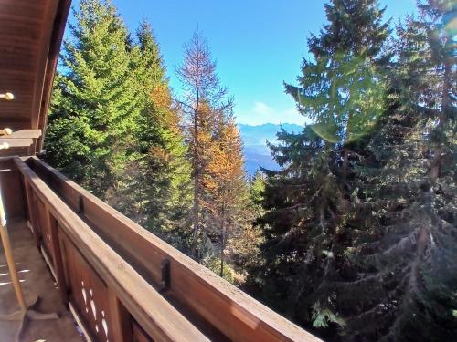 a balcony with a view of trees and mountains at Enzianhütte Gerlitzen Kanzelhöhe in Kanzelhöhe