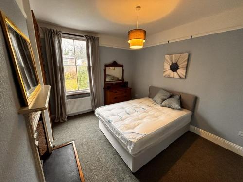 ein Schlafzimmer mit einem Bett, einem Spiegel und einem Fenster in der Unterkunft "Ivyholme" Superb Premium House in Central Durham Location in Durham