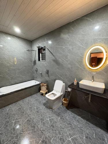 a bathroom with a toilet and a sink and a tub at CharDara Agrotourism & FarmStay in Mahabaleshwar
